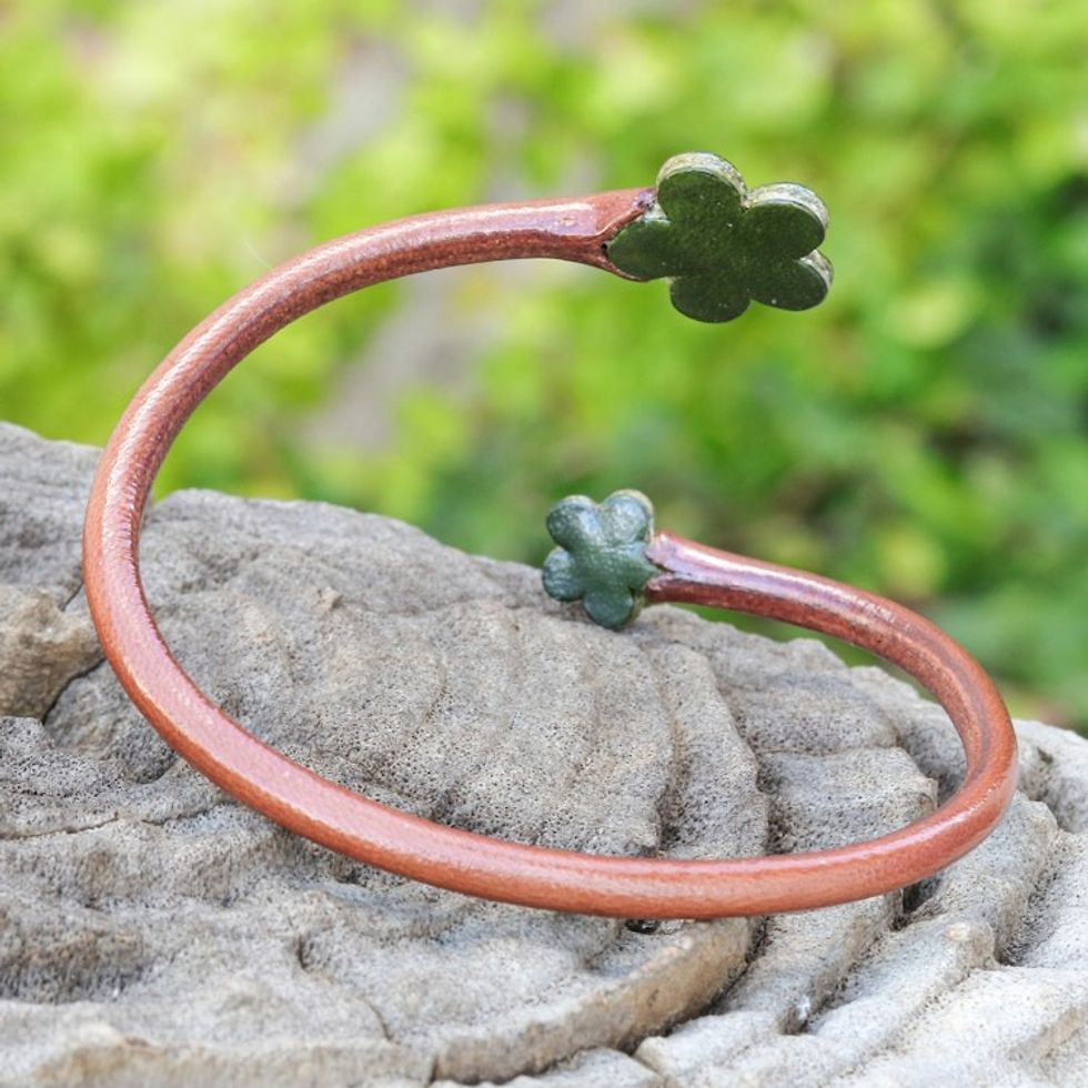 Handcrafted Floral Brown and Green Leather Wrap Bracelet 'Floral Embrace in Brown'