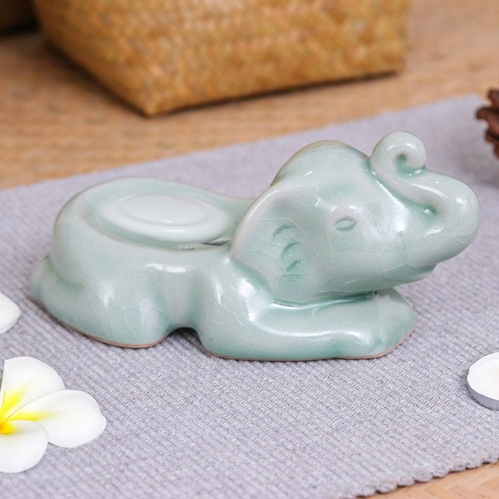 Handcrafted Celadon Ceramic Elephant Soap Dish in Green 'Elephant Clean'