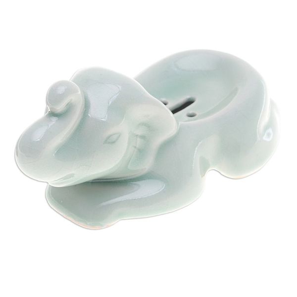 Alternate image for Handcrafted Celadon Ceramic Elephant Soap Dish in Green Elephant Clean