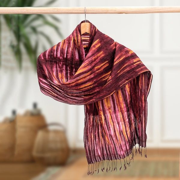 Alternate image for Burgundy Silk Scarf with Pintuck Pattern Crafted in Thailand Burgundy Summer