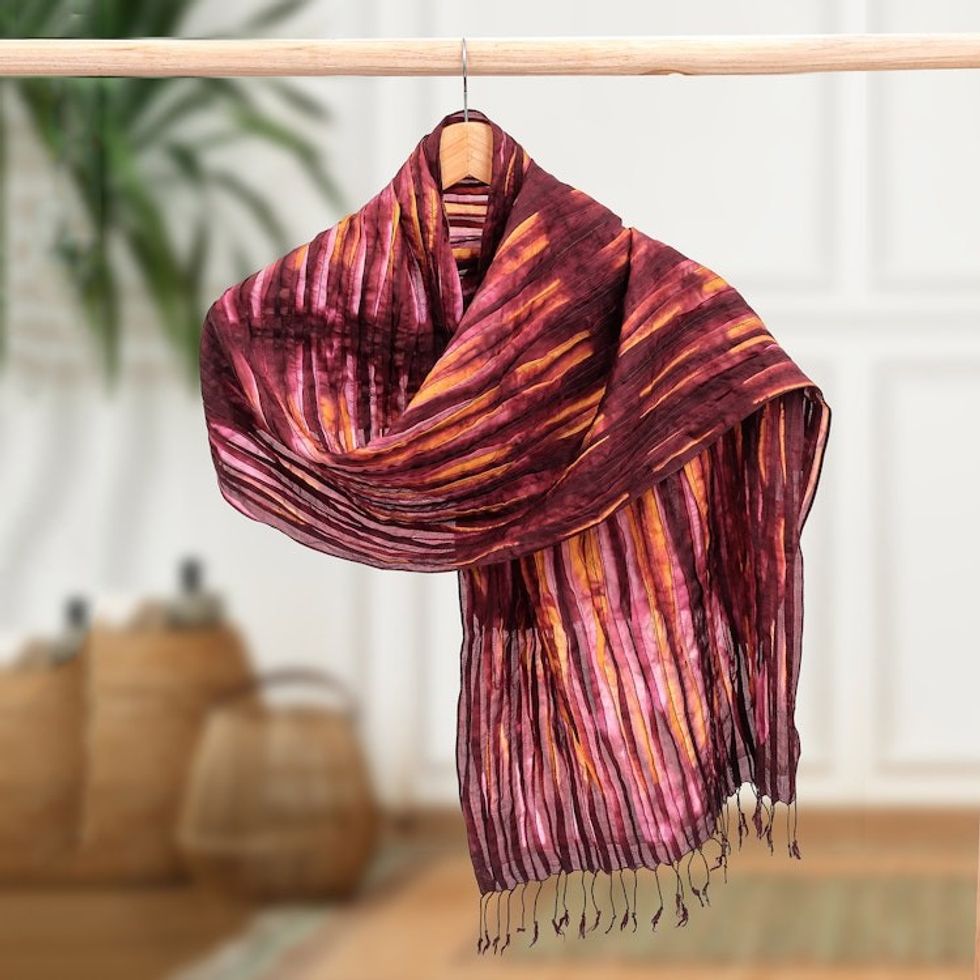 Burgundy Silk Scarf with Pintuck Pattern Crafted in Thailand 'Burgundy Summer'