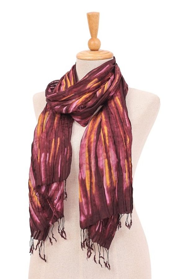 Alternate image for Burgundy Silk Scarf with Pintuck Pattern Crafted in Thailand Burgundy Summer