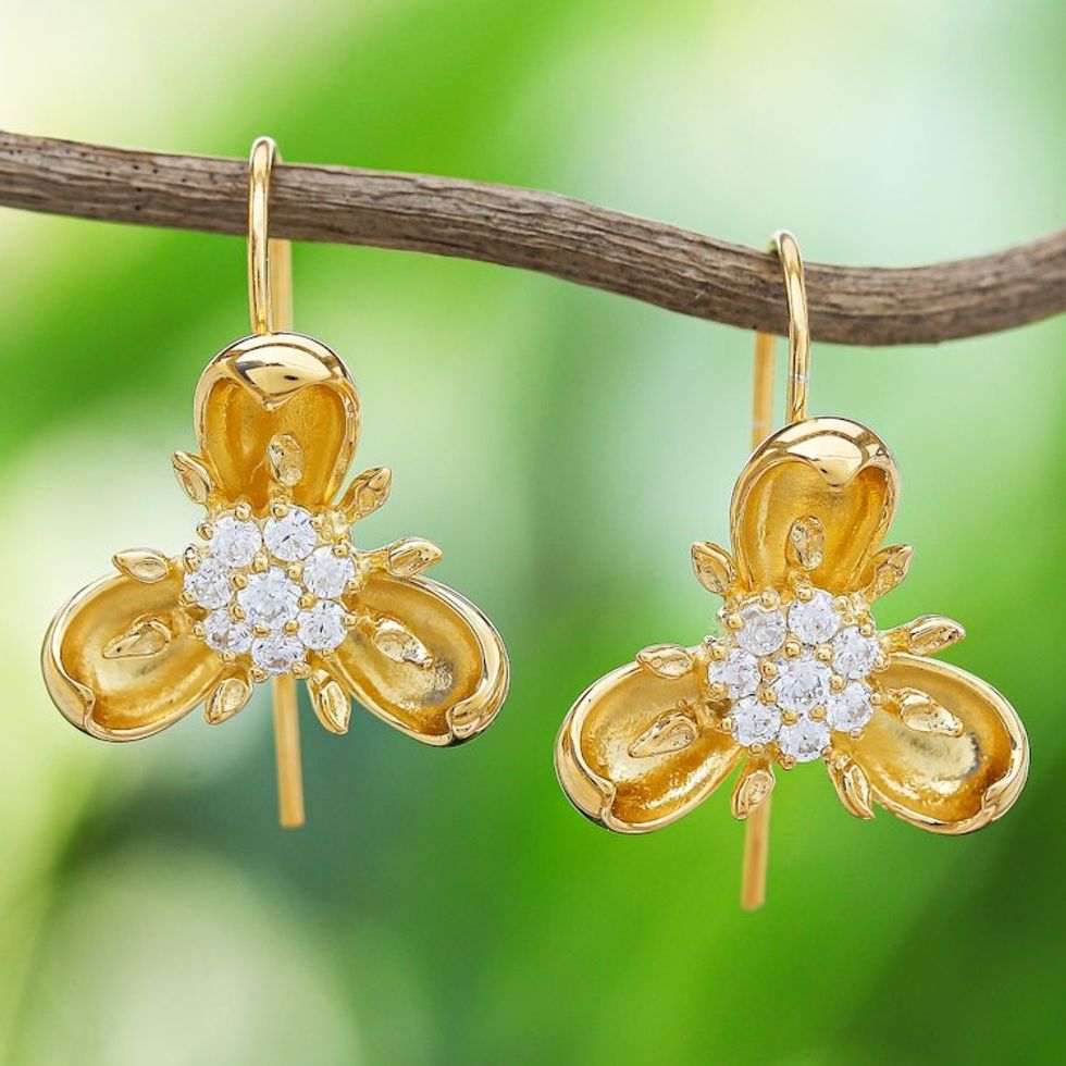 Gold-Plated Cubic Zirconia Drop Earrings with Floral Motif 'Golden Petals'