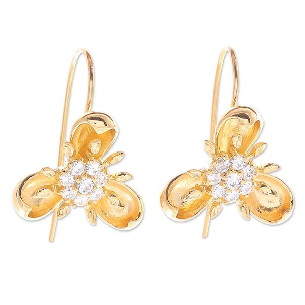 Alternate image for Gold-Plated Cubic Zirconia Drop Earrings with Floral Motif Golden Petals