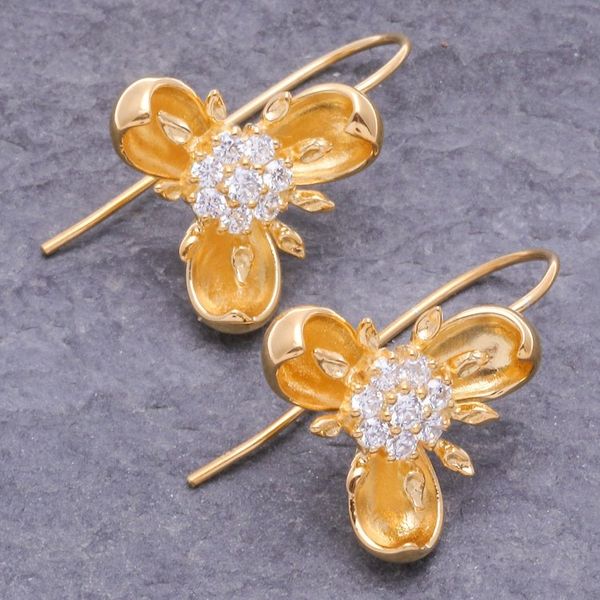 Alternate image for Gold-Plated Cubic Zirconia Drop Earrings with Floral Motif Golden Petals