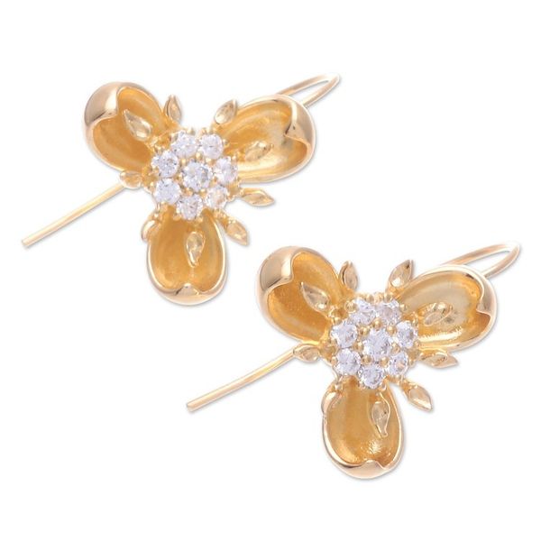 Alternate image for Gold-Plated Cubic Zirconia Drop Earrings with Floral Motif Golden Petals
