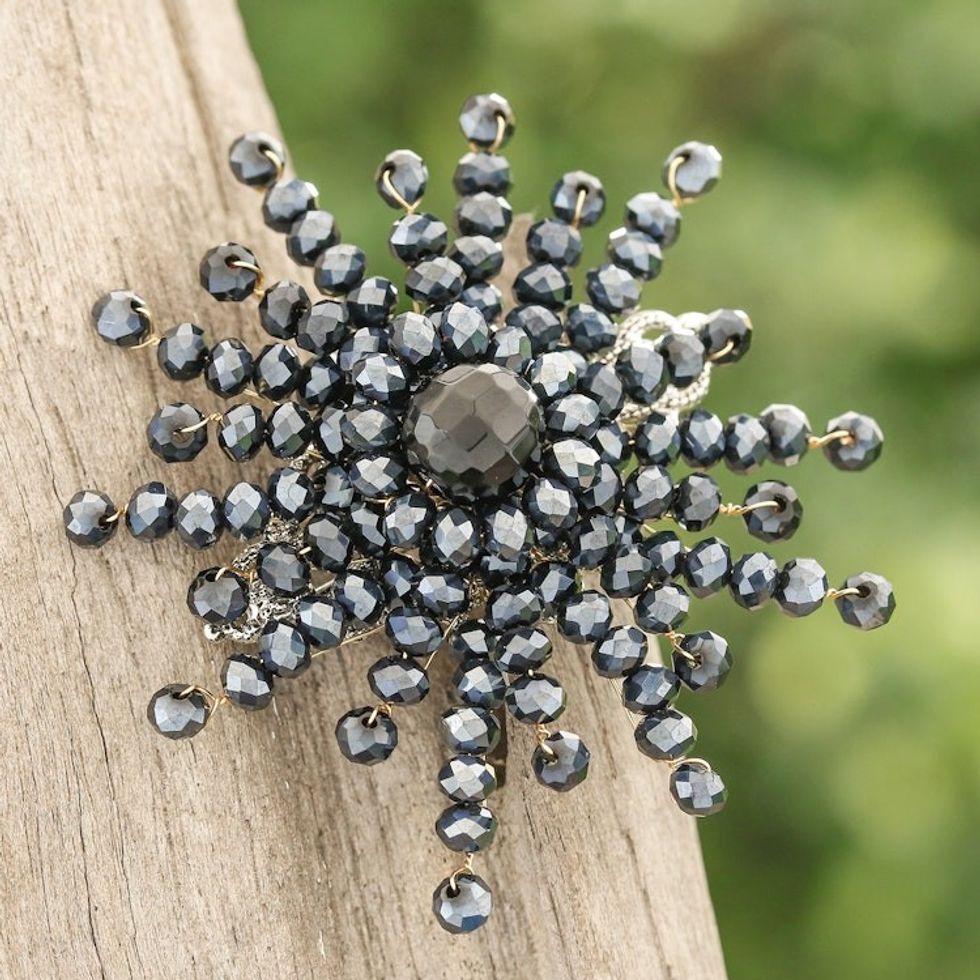 Star-Shaped Black Chalcedony and Glass Beaded Brooch 'The Dark Starlight'