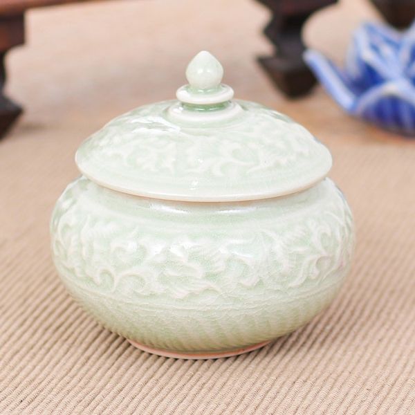 Alternate image for Thai Celadon Ceramic Decorative Leaf-Themed Jar in Green Luxurious Green