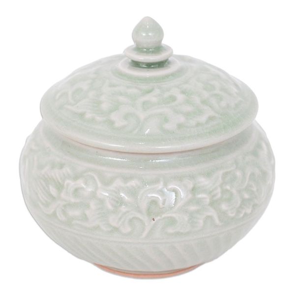 Alternate image for Thai Celadon Ceramic Decorative Leaf-Themed Jar in Green Luxurious Green