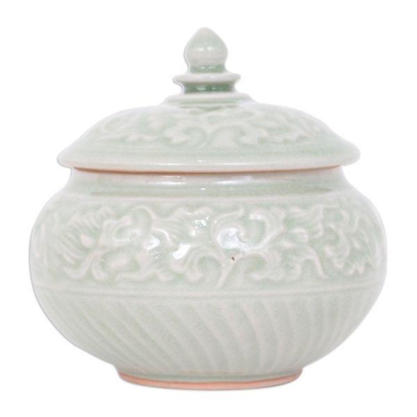 Alternate image for Thai Celadon Ceramic Decorative Leaf-Themed Jar in Green Luxurious Green