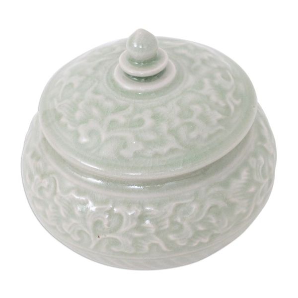 Alternate image for Thai Celadon Ceramic Decorative Leaf-Themed Jar in Green Luxurious Green
