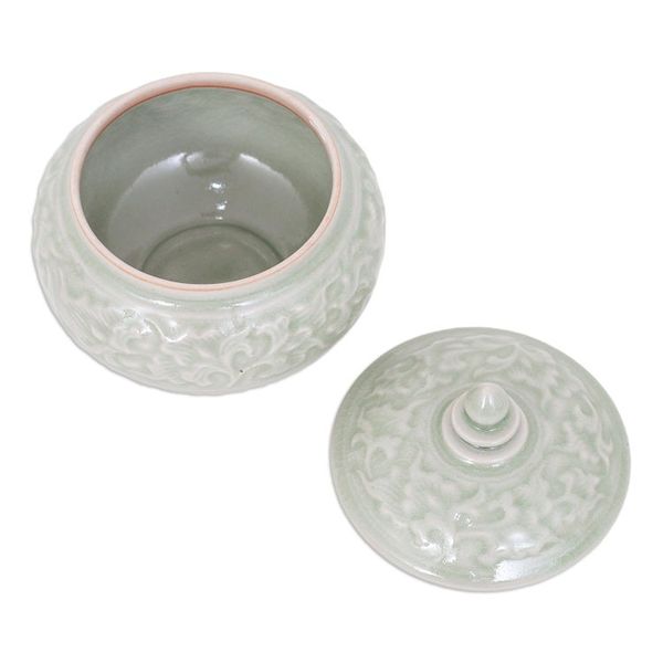 Alternate image for Thai Celadon Ceramic Decorative Leaf-Themed Jar in Green Luxurious Green
