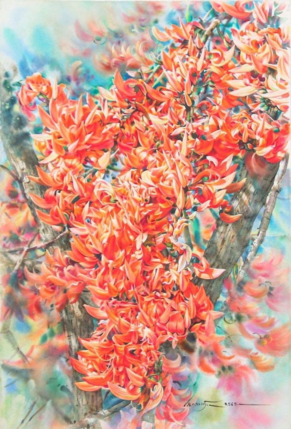 Signed Stretched Impressionist Watercolor Painting of Tree 'Bastard Teak'