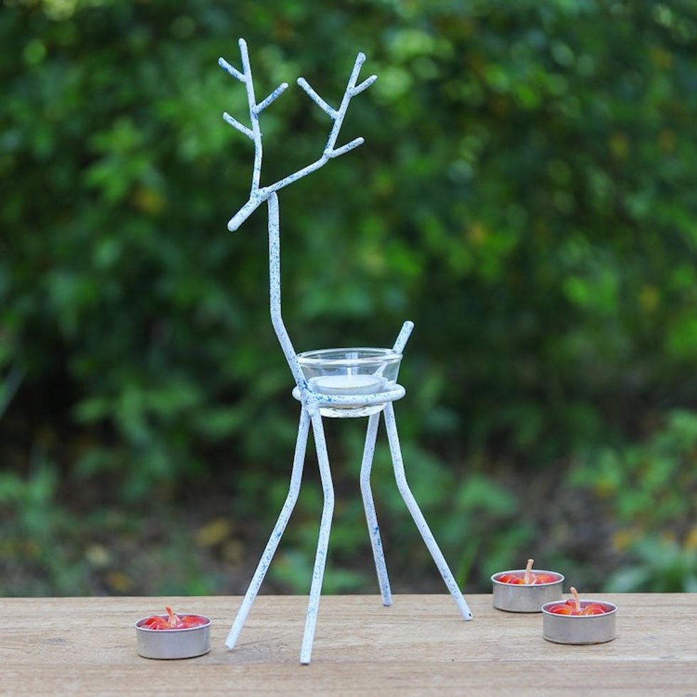 Handcrafted Iron Reindeer Tealight Holder in White and Blue 'Winter Reindeer in Blue'