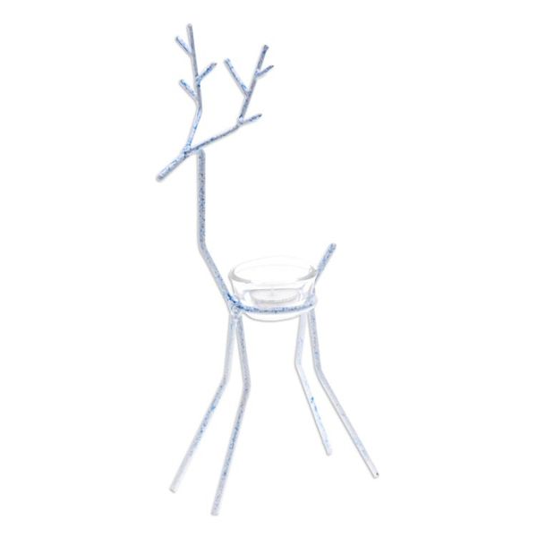 Alternate image for Handcrafted Iron Reindeer Tealight Holder in White and Blue Winter Reindeer in Blue