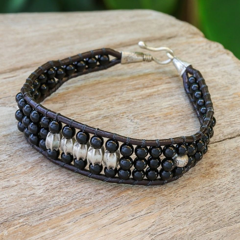 Black Agate Beaded Wristband Bracelet with Silver Accents 'Sparkling Balance'