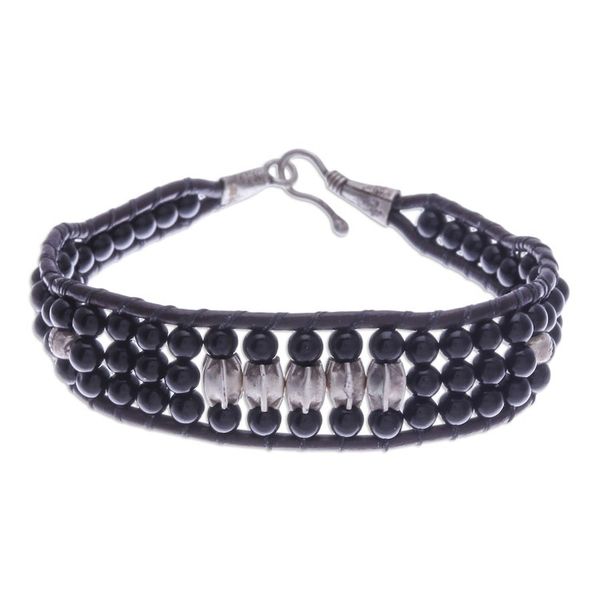 Alternate image for Black Agate Beaded Wristband Bracelet with Silver Accents Sparkling Balance