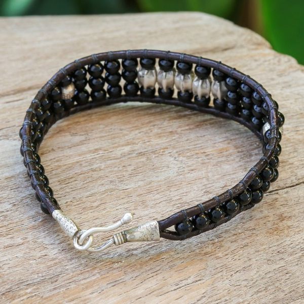 Alternate image for Black Agate Beaded Wristband Bracelet with Silver Accents Sparkling Balance