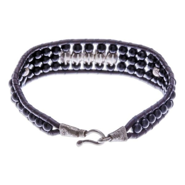 Alternate image for Black Agate Beaded Wristband Bracelet with Silver Accents Sparkling Balance