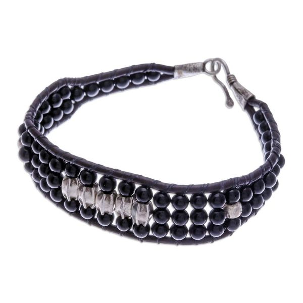 Alternate image for Black Agate Beaded Wristband Bracelet with Silver Accents Sparkling Balance