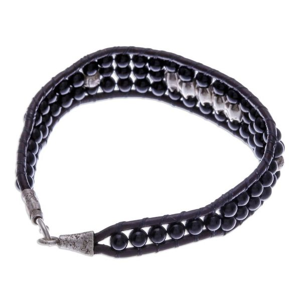 Alternate image for Black Agate Beaded Wristband Bracelet with Silver Accents Sparkling Balance