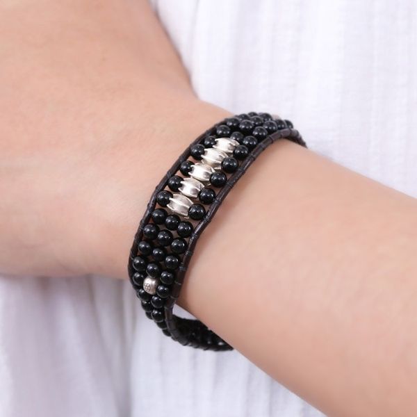 Alternate image for Black Agate Beaded Wristband Bracelet with Silver Accents Sparkling Balance