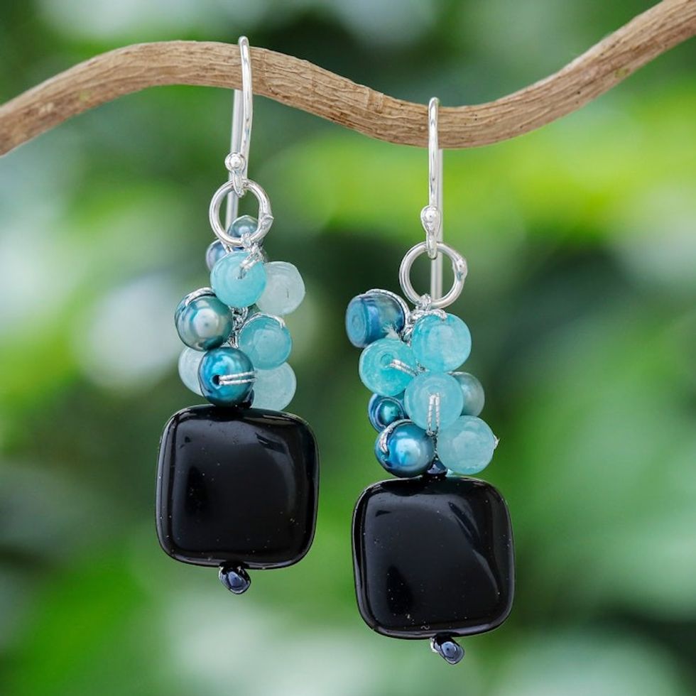 Blue and Black Multi-Gemstone Dangle Earrings from Thailand 'Blue Courage'
