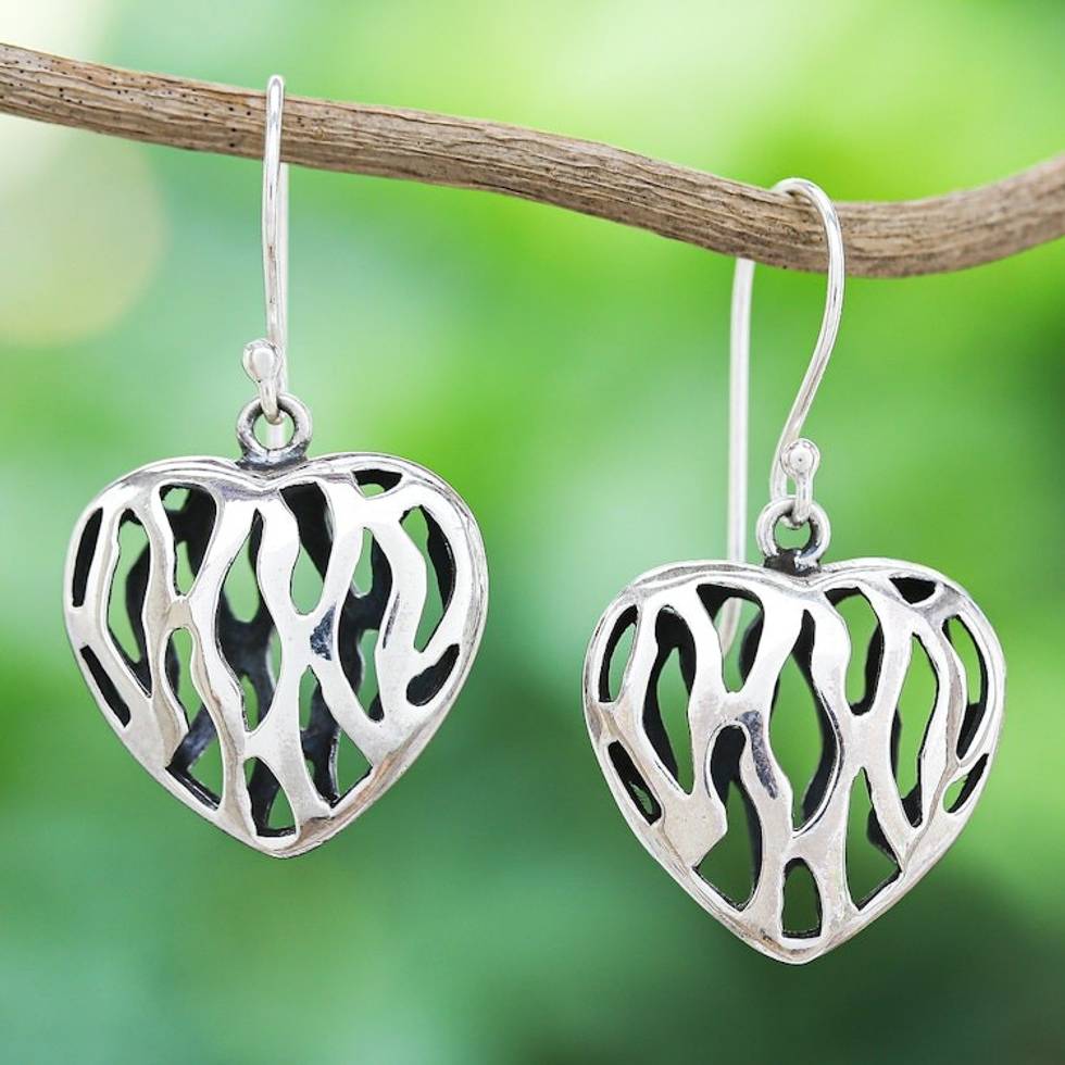 Openwork Sterling Silver Dangle Earrings with Heart Motif 'Fiery Heart'