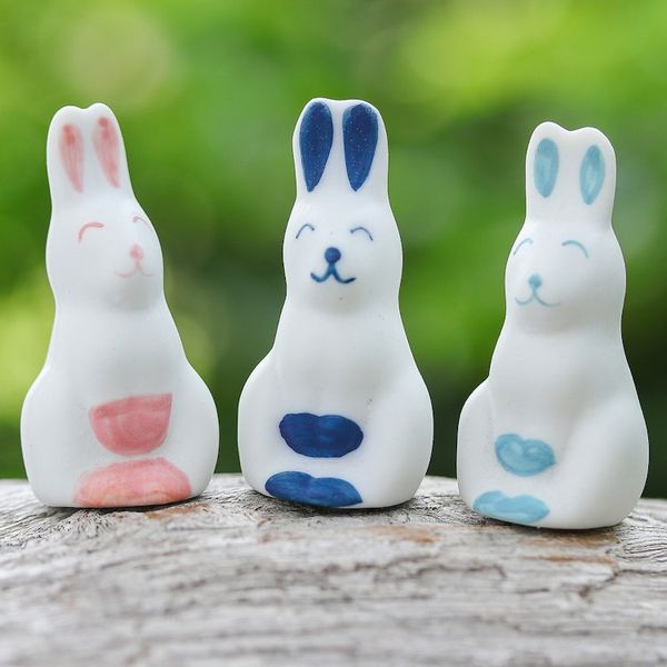 Alternate image for Set of 3 Ceramic Figurines of Pink and Blue Bunnies Sweet Reunion