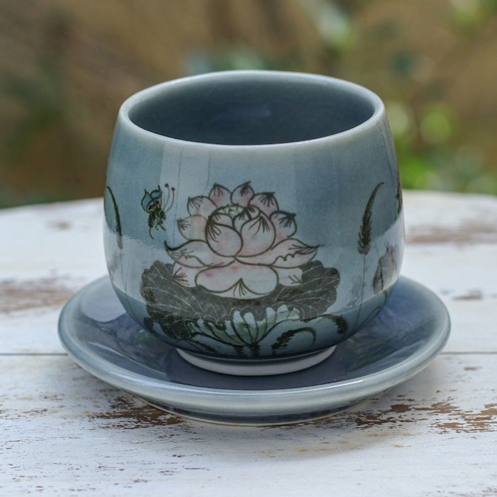 Handmade Celadon Ceramic Blue Cup and Saucer with Flowers 'Luxuriant Lotus in Blue'