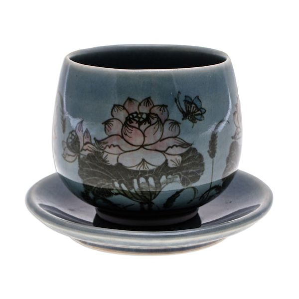 Alternate image for Handmade Celadon Ceramic Blue Cup and Saucer with Flowers Luxuriant Lotus in Blue