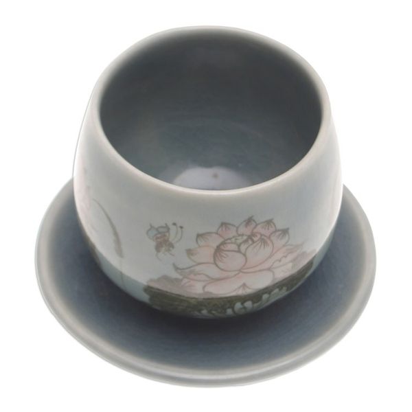 Alternate image for Handmade Celadon Ceramic Blue Cup and Saucer with Flowers Luxuriant Lotus in Blue