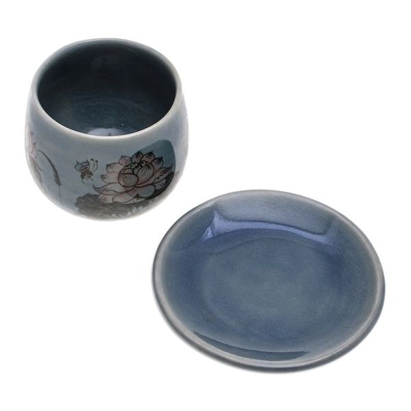 Alternate image for Handmade Celadon Ceramic Blue Cup and Saucer with Flowers Luxuriant Lotus in Blue