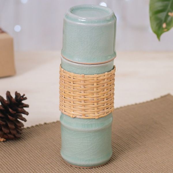 Alternate image for Green Celadon Ceramic and Rattan Bamboo-Themed Water Bottle Green Bamboo