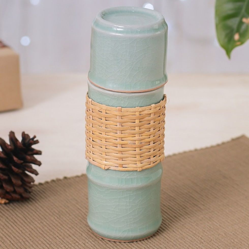 Green Celadon Ceramic and Rattan Bamboo-Themed Water Bottle 'Green Bamboo'