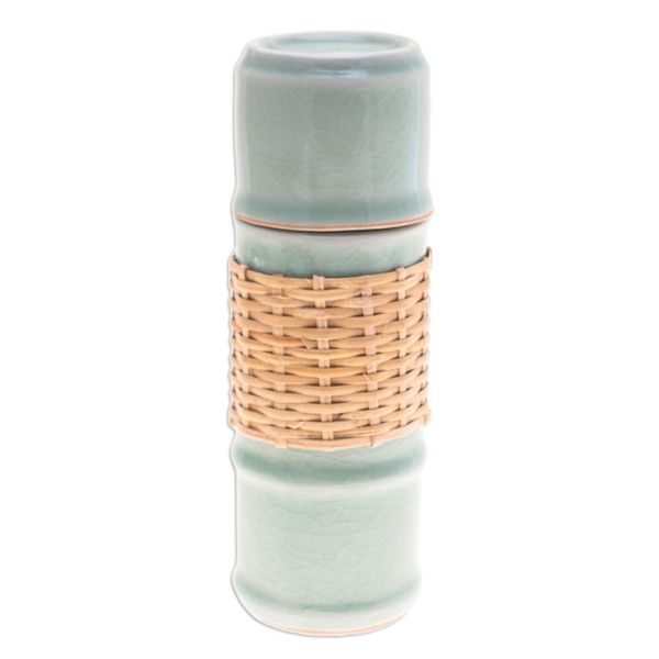 Alternate image for Green Celadon Ceramic and Rattan Bamboo-Themed Water Bottle Green Bamboo