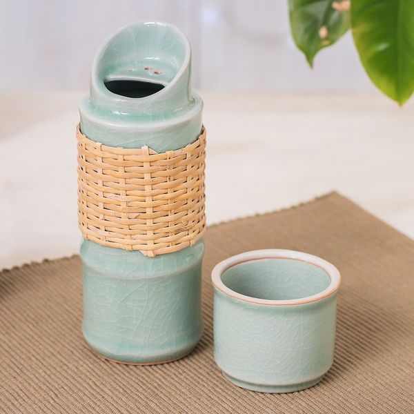 Alternate image for Green Celadon Ceramic and Rattan Bamboo-Themed Water Bottle Green Bamboo