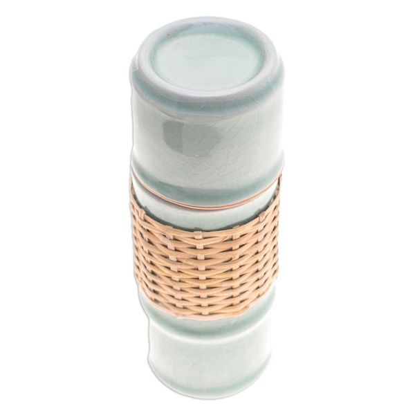 Alternate image for Green Celadon Ceramic and Rattan Bamboo-Themed Water Bottle Green Bamboo