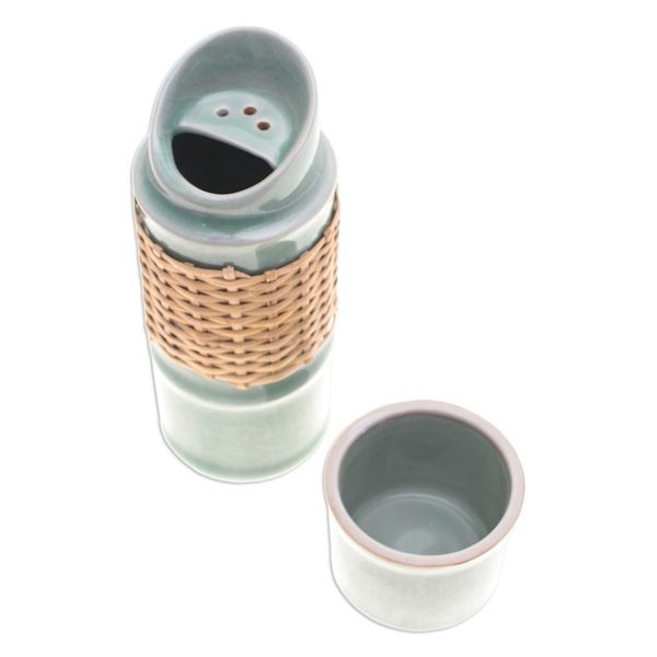 Alternate image for Green Celadon Ceramic and Rattan Bamboo-Themed Water Bottle Green Bamboo
