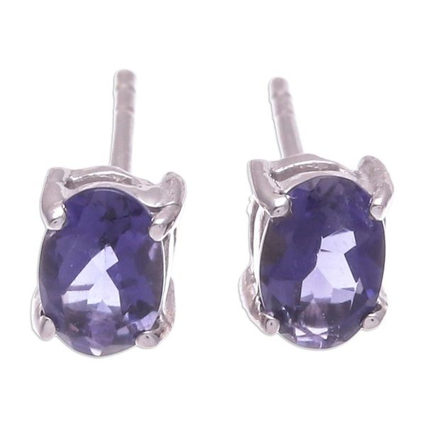 Alternate image for Sterling Silver Button Earrings with Natural Iolite Gems Intuition Maiden