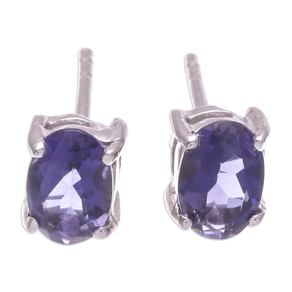 Sterling Silver Button Earrings with Natural Iolite Gems 'Intuition Maiden'