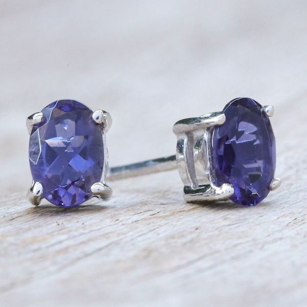 Alternate image for Sterling Silver Button Earrings with Natural Iolite Gems Intuition Maiden