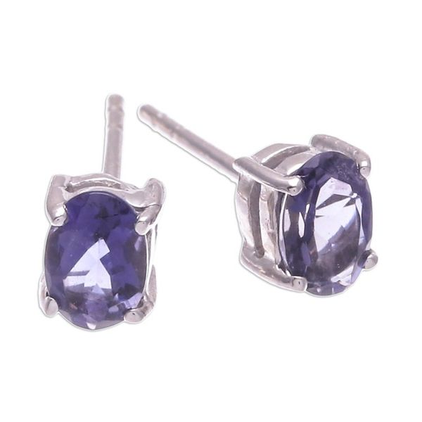 Alternate image for Sterling Silver Button Earrings with Natural Iolite Gems Intuition Maiden