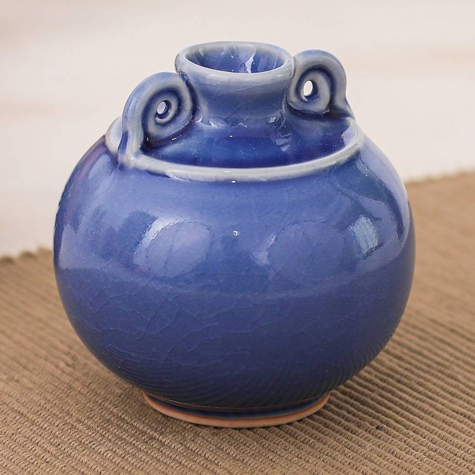 Watertight Celadon Ceramic Vase in Blue Handmade in Thailand 'Thai Blue'