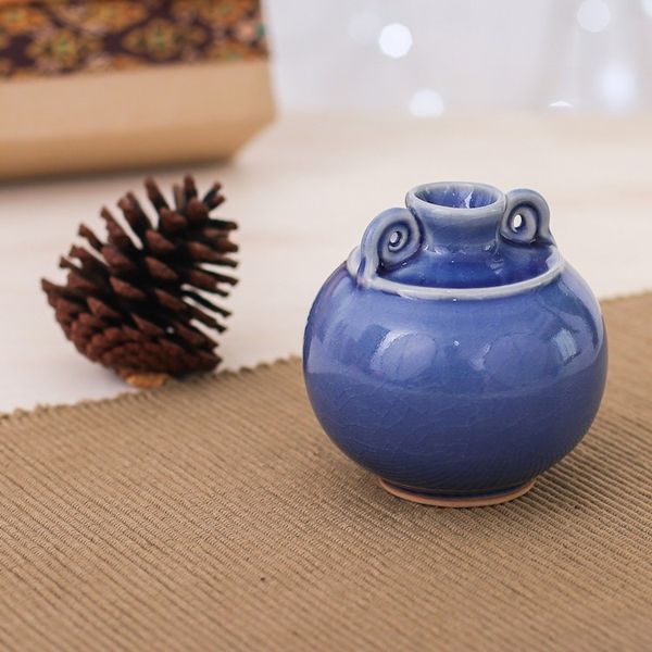 Alternate image for Watertight Celadon Ceramic Vase in Blue Handmade in Thailand Thai Blue