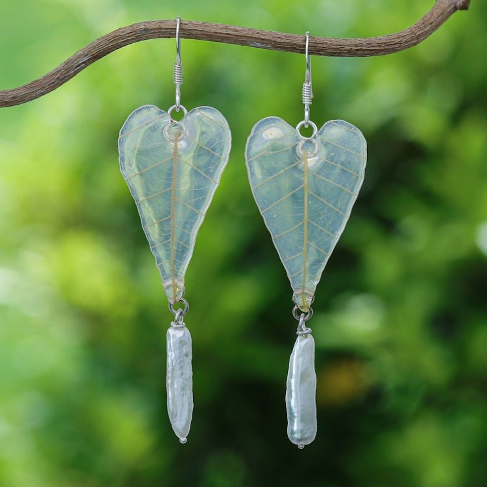 Cultured Pearl Natural Leaf Dangle Earrings from Thailand 'Heart of Nature'