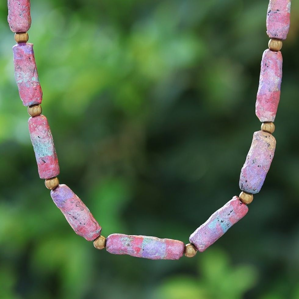 Eco-Friendly Pink Recycled Paper and Brass Beaded Necklace 'Pink Senses'