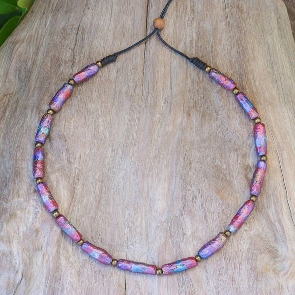 Alternate image for Eco-Friendly Pink Recycled Paper and Brass Beaded Necklace Pink Senses
