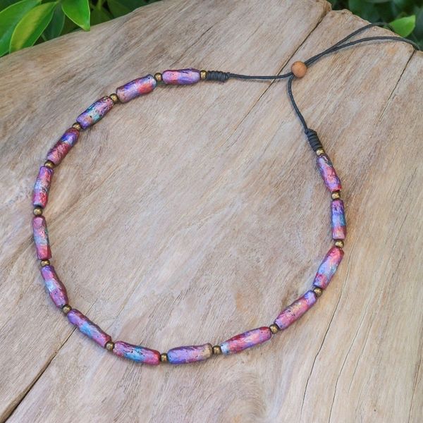 Alternate image for Eco-Friendly Pink Recycled Paper and Brass Beaded Necklace Pink Senses