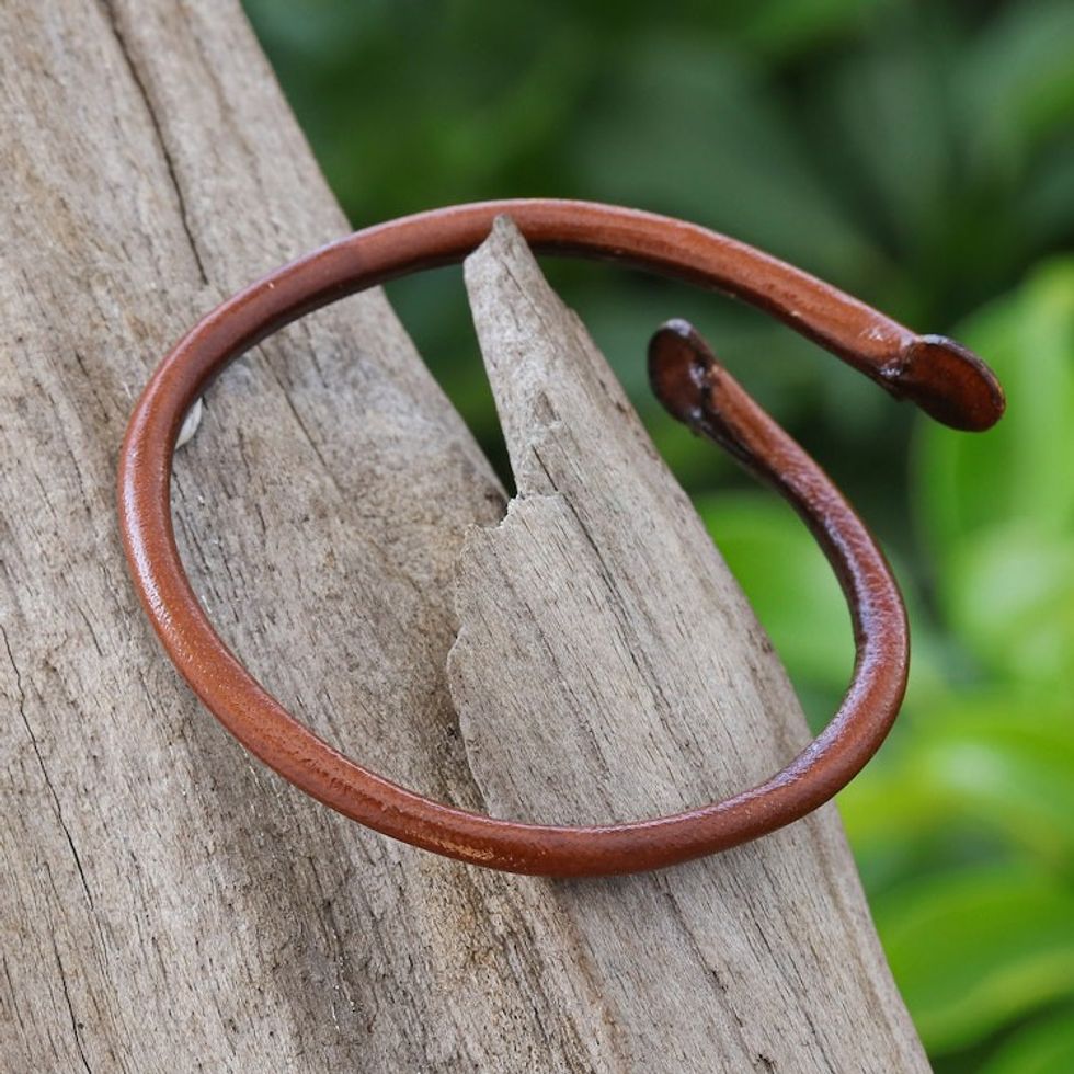 Unisex Brown Dyed Leather Cuff Bracelet Handmade in Thailand 'Young Bud in Brown'